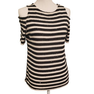 Chico's Black and White Striped Cold-Shouldered Sequined Top